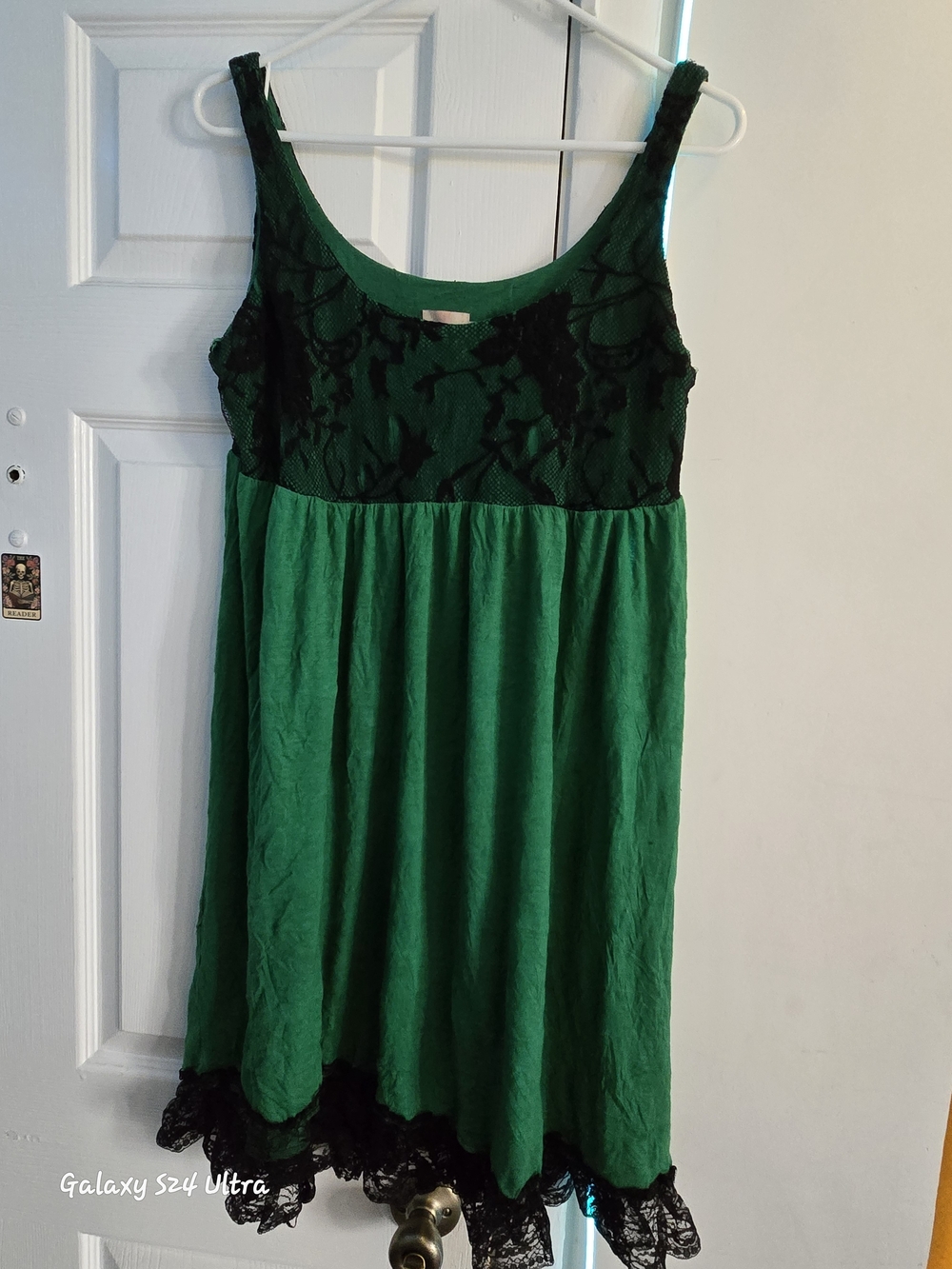 Green Tank Dress with Black Lace Trim Size L